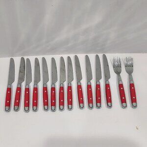 Stainless Steel China Red Plastic Handle Flatware Silverware Knives Forks